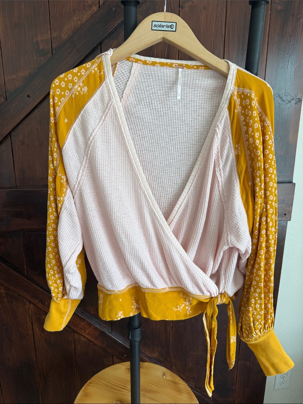 Free People Blush Pink Wrap Top with Mustard Floral Sleeves